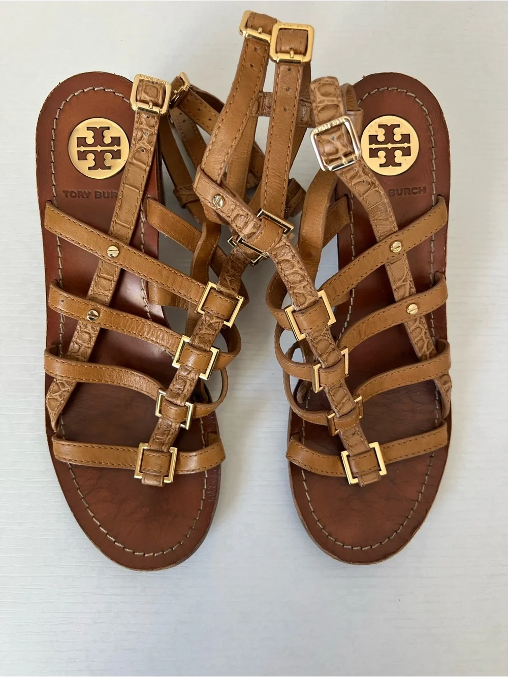 Tory Burch Reggie Leather Brown Tan block heel gladiator sandals size 8.5